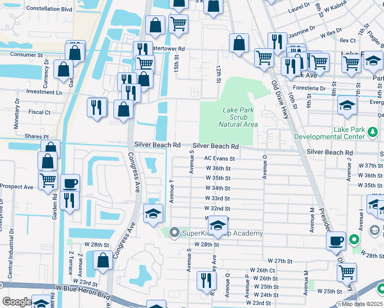 map of restaurants, bars, coffee shops, grocery stores, and more near in Lake Park