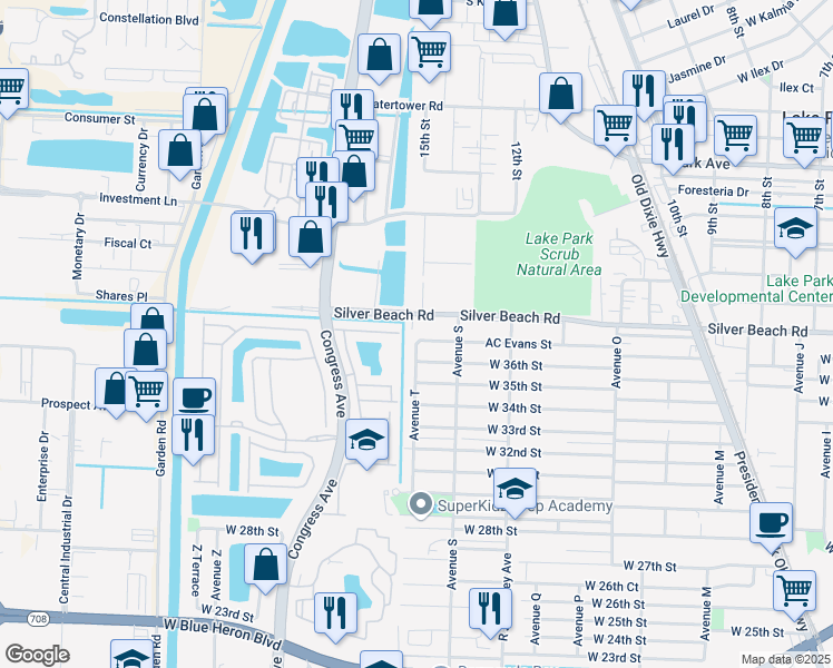map of restaurants, bars, coffee shops, grocery stores, and more near 1670 West 37th Street in West Palm Beach