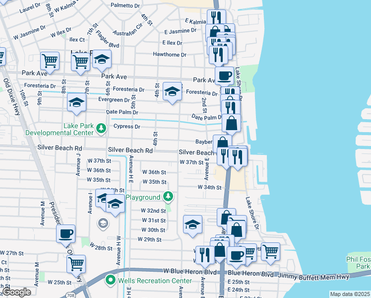 map of restaurants, bars, coffee shops, grocery stores, and more near 259 Silver Beach Road in Lake Park