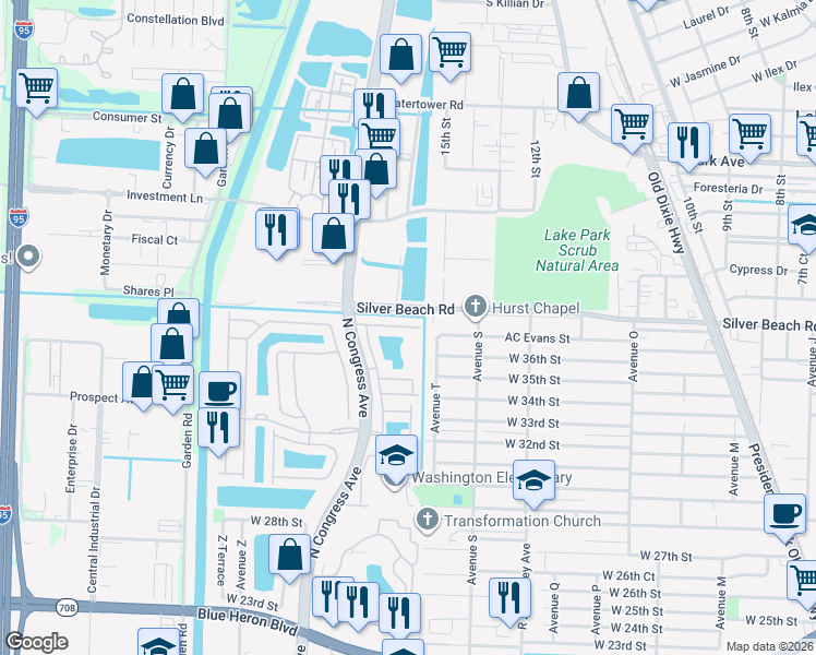 map of restaurants, bars, coffee shops, grocery stores, and more near 1930 Alamanda Way in Riviera Beach