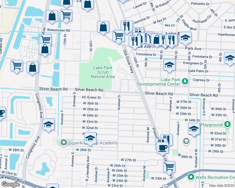 map of restaurants, bars, coffee shops, grocery stores, and more near 1309 Silver Beach Road in Riviera Beach