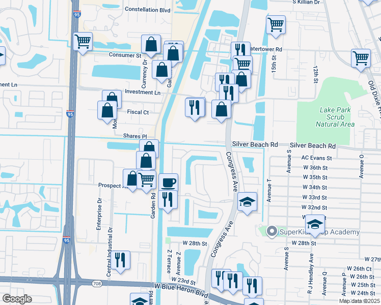 map of restaurants, bars, coffee shops, grocery stores, and more near 1086 Centre Stone Lane in Riviera Beach
