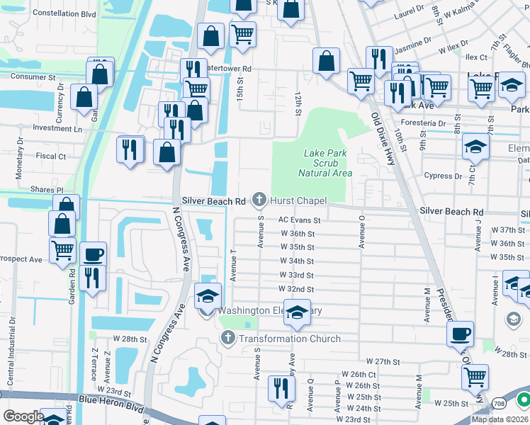 map of restaurants, bars, coffee shops, grocery stores, and more near in Lake Park