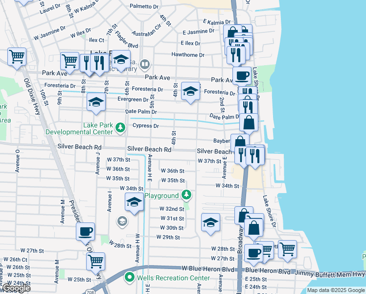 map of restaurants, bars, coffee shops, grocery stores, and more near 327 Silver Beach Road in Lake Park