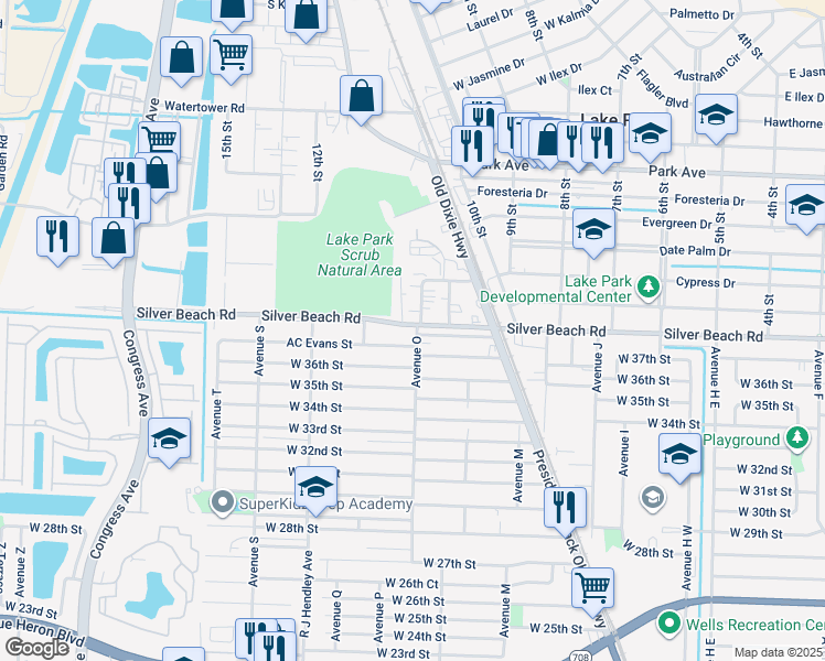 map of restaurants, bars, coffee shops, grocery stores, and more near 1309 Silver Beach Road in Riviera Beach