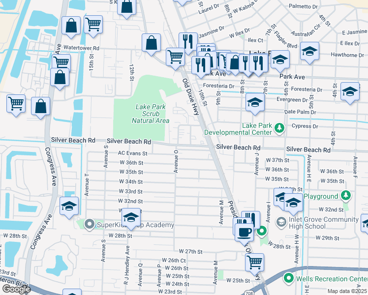 map of restaurants, bars, coffee shops, grocery stores, and more near 1265 Silver Beach Road in Riviera Beach