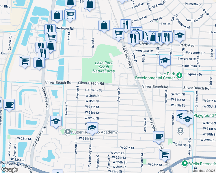 map of restaurants, bars, coffee shops, grocery stores, and more near 1381 Silver Beach Road in Riviera Beach