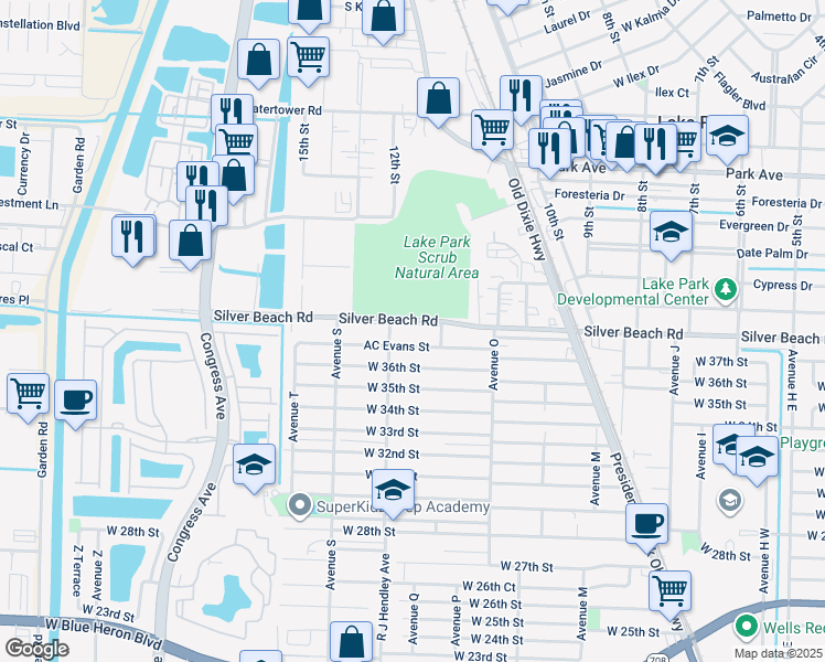 map of restaurants, bars, coffee shops, grocery stores, and more near 1457 Silver Beach Road in Riviera Beach