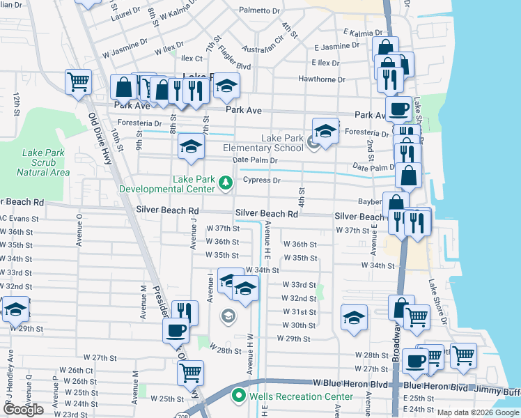 map of restaurants, bars, coffee shops, grocery stores, and more near 459 Silver Beach Road in Lake Park