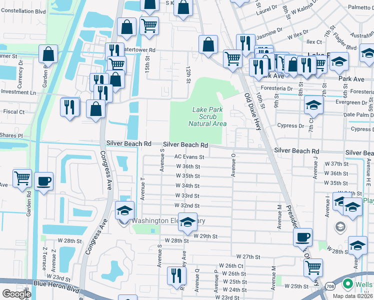 map of restaurants, bars, coffee shops, grocery stores, and more near 1525 Silver Beach Road in Riviera Beach