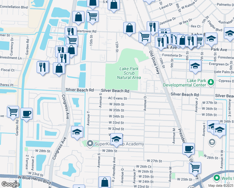 map of restaurants, bars, coffee shops, grocery stores, and more near 1457 Silver Beach Road in Riviera Beach