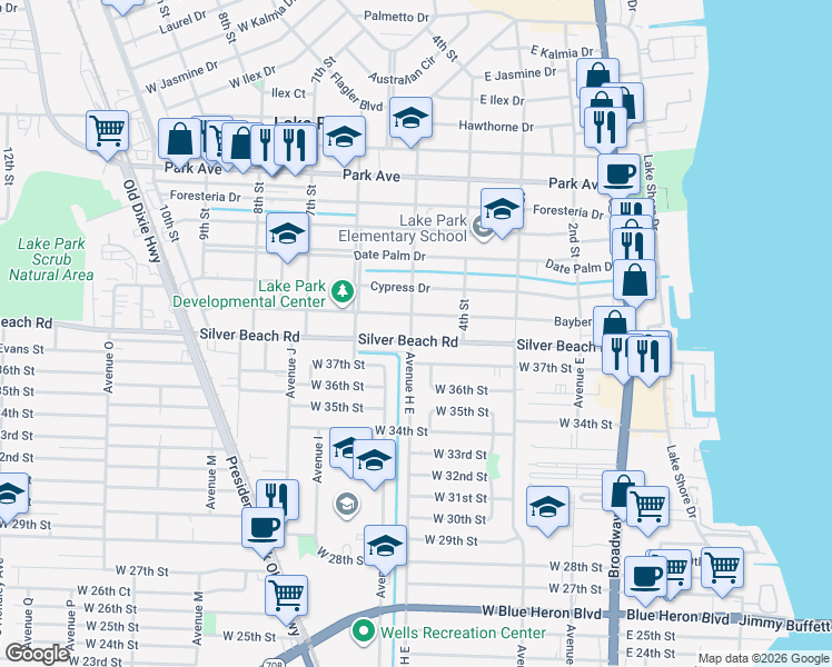 map of restaurants, bars, coffee shops, grocery stores, and more near 459 Silver Beach Road in Lake Park