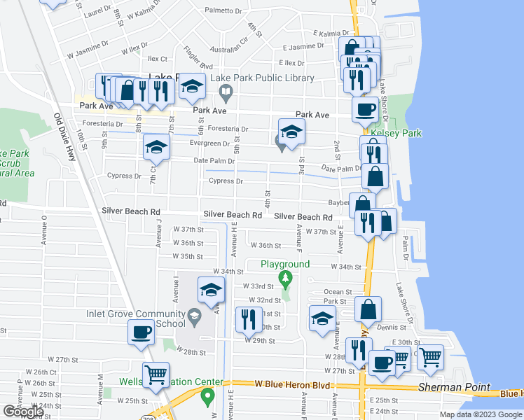 map of restaurants, bars, coffee shops, grocery stores, and more near 403 Silver Beach Road in Lake Park