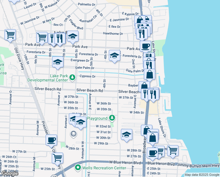 map of restaurants, bars, coffee shops, grocery stores, and more near 327 Silver Beach Road in Lake Park