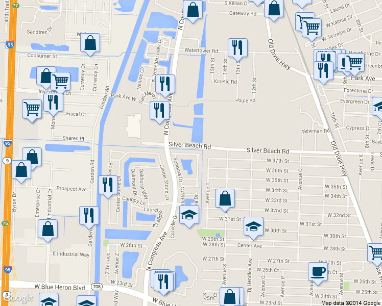 map of restaurants, bars, coffee shops, grocery stores, and more near 1930 Alamanda Way in Riviera Beach