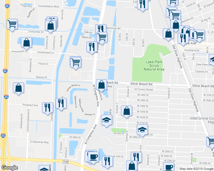 map of restaurants, bars, coffee shops, grocery stores, and more near 1930 Alamanda Way in Riviera Beach
