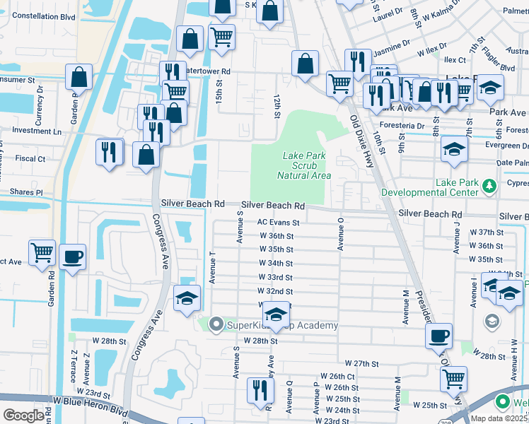 map of restaurants, bars, coffee shops, grocery stores, and more near 1525 Silver Beach Rd in Riviera Beach