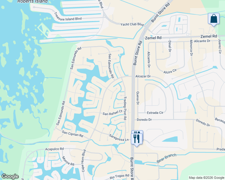 map of restaurants, bars, coffee shops, grocery stores, and more near 16269 Juarez Court in Punta Gorda