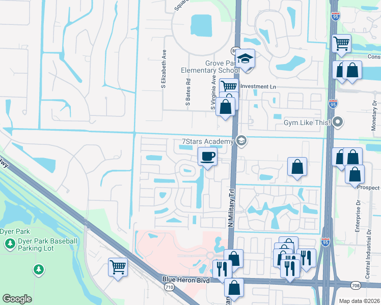 map of restaurants, bars, coffee shops, grocery stores, and more near 2001 Bonisle Circle in Riviera Beach