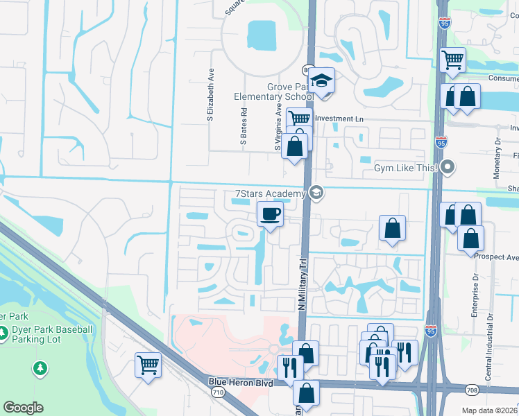 map of restaurants, bars, coffee shops, grocery stores, and more near 2001 Bonisle Circle in Riviera Beach