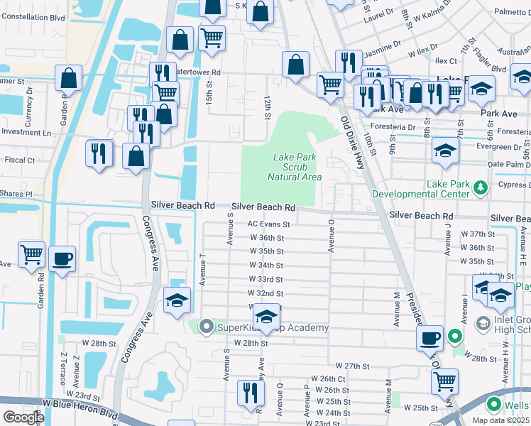 map of restaurants, bars, coffee shops, grocery stores, and more near 1497 Silver Beach Road in Riviera Beach