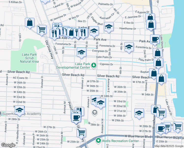 map of restaurants, bars, coffee shops, grocery stores, and more near 617 Silver Beach Road in Lake Park