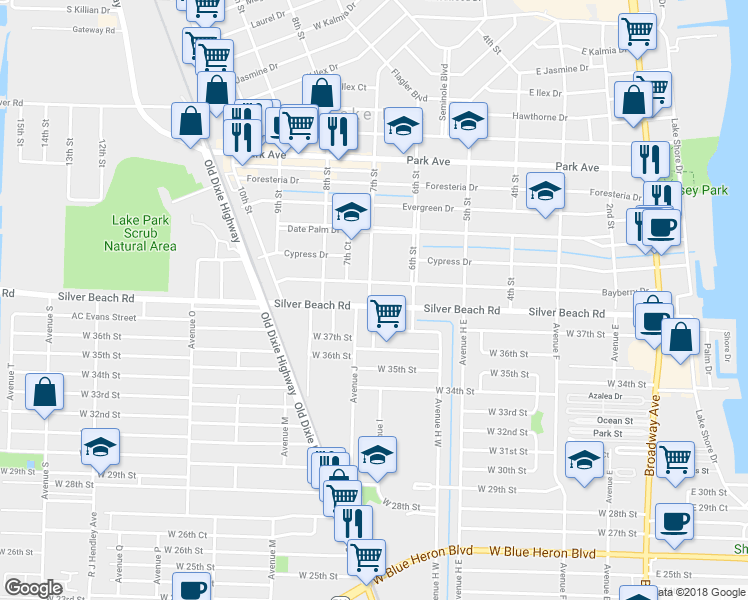 map of restaurants, bars, coffee shops, grocery stores, and more near 701 Silver Beach Road in Riviera Beach