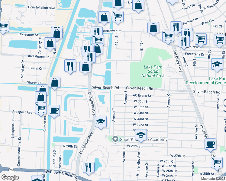 map of restaurants, bars, coffee shops, grocery stores, and more near 1670 West 37th Street in West Palm Beach
