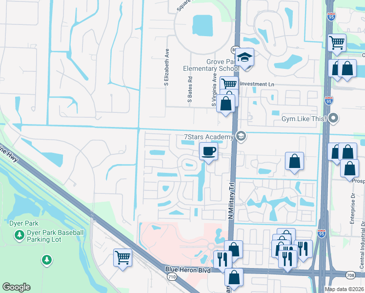 map of restaurants, bars, coffee shops, grocery stores, and more near 2018 Bonisle Circle in Riviera Beach