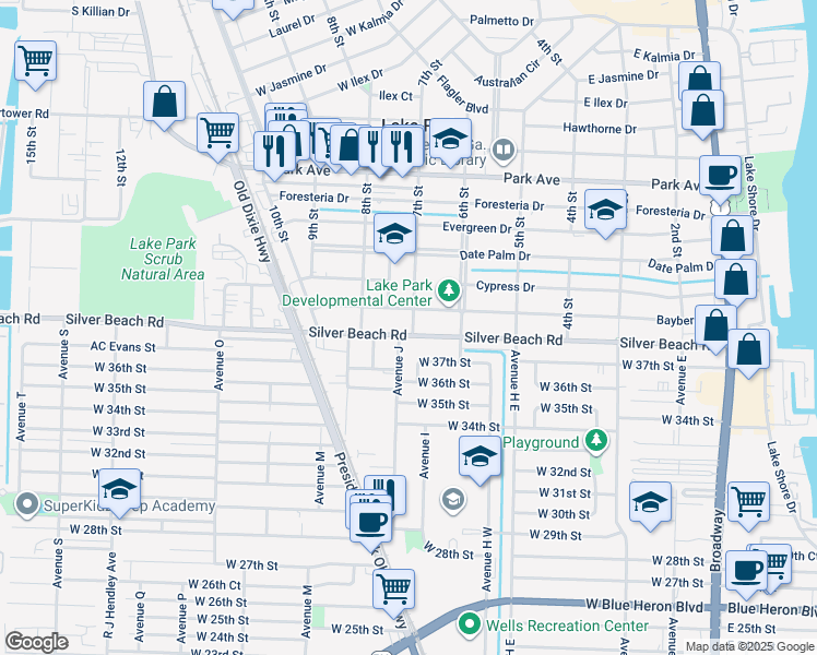 map of restaurants, bars, coffee shops, grocery stores, and more near 701 Silver Beach Road in Riviera Beach