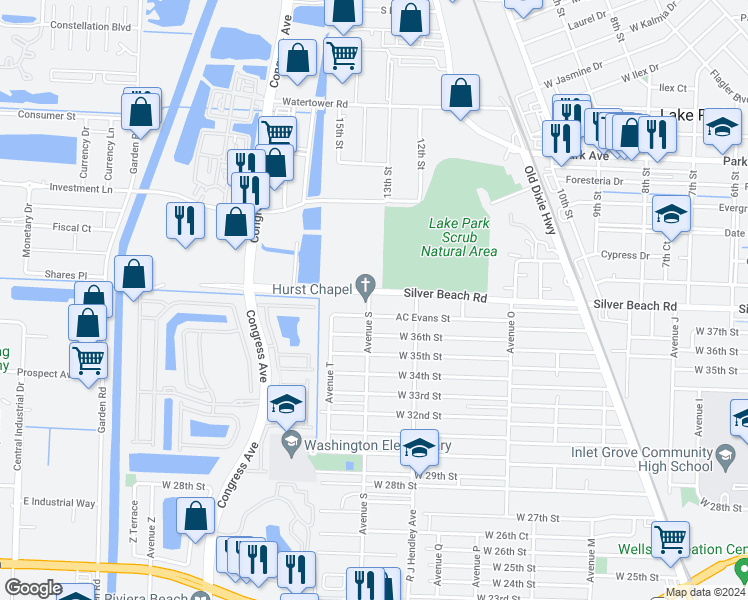 map of restaurants, bars, coffee shops, grocery stores, and more near 3740 Avenue S in Riviera Beach