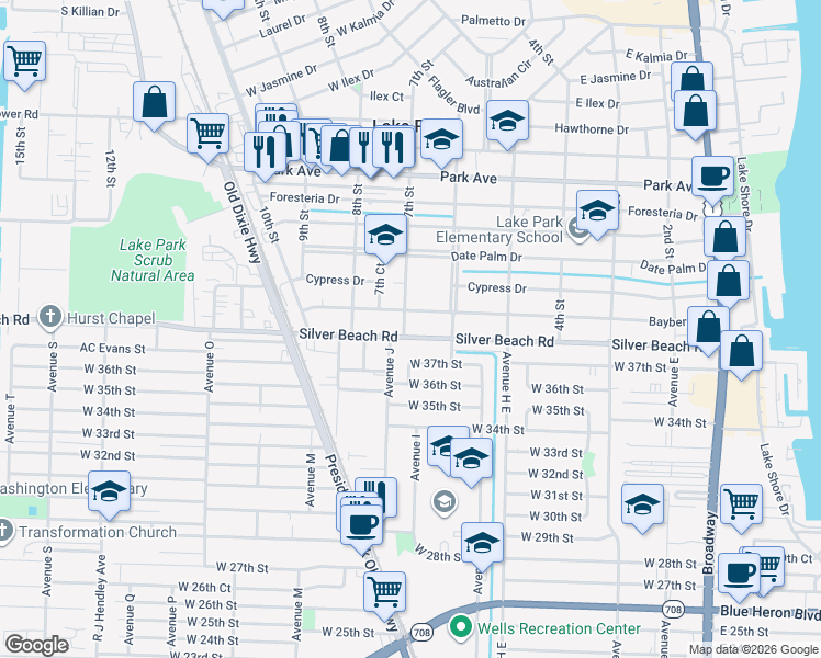 map of restaurants, bars, coffee shops, grocery stores, and more near 655 Silver Beach Road in Lake Park
