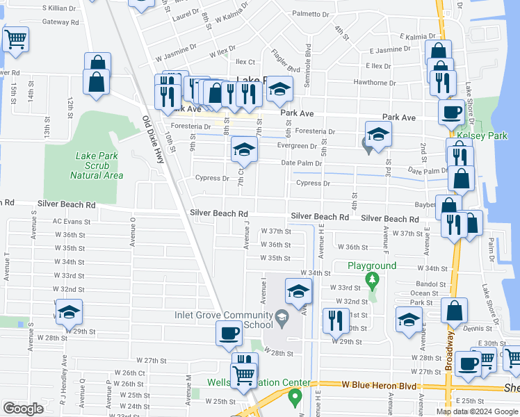 map of restaurants, bars, coffee shops, grocery stores, and more near 655 Silver Beach Road in Lake Park