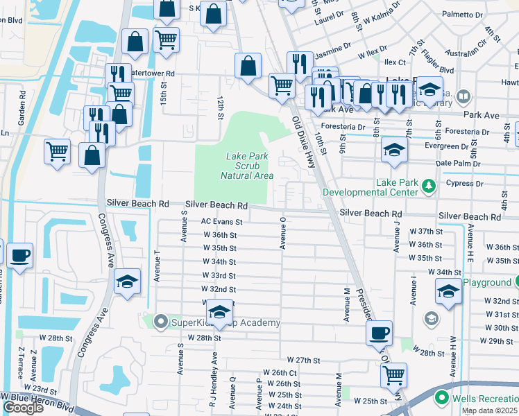 map of restaurants, bars, coffee shops, grocery stores, and more near 1381 Silver Beach Road in Riviera Beach
