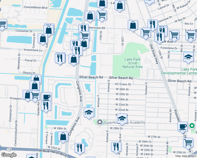 map of restaurants, bars, coffee shops, grocery stores, and more near 1670 West 37th Street in West Palm Beach