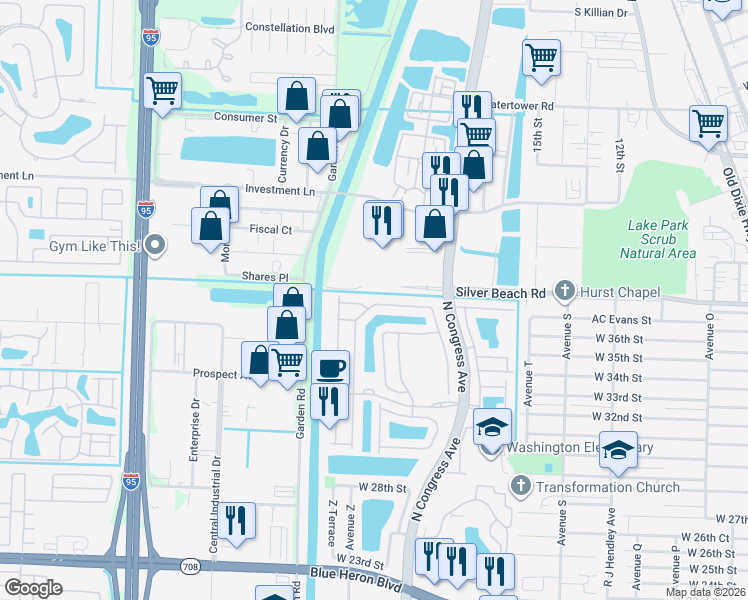 map of restaurants, bars, coffee shops, grocery stores, and more near 1096 Centre Stone Lane in Riviera Beach