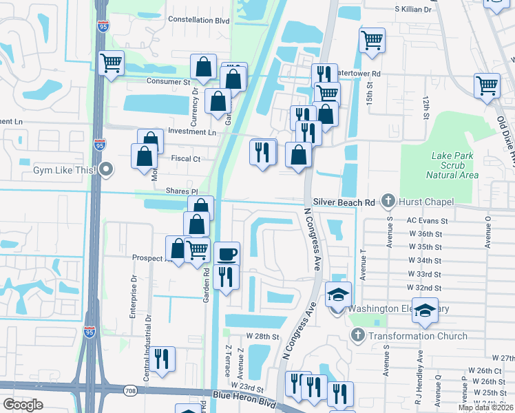 map of restaurants, bars, coffee shops, grocery stores, and more near 1096 Centre Stone Lane in Riviera Beach