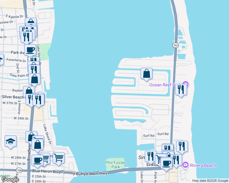map of restaurants, bars, coffee shops, grocery stores, and more near 1030 Bimini Lane in West Palm Beach