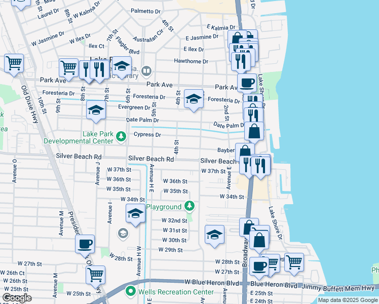 map of restaurants, bars, coffee shops, grocery stores, and more near 327 Silver Beach Road in Lake Park