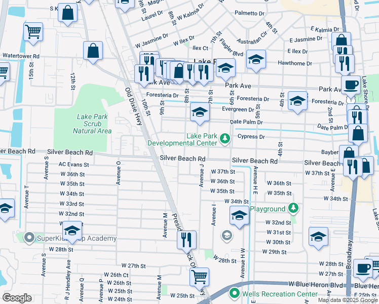 map of restaurants, bars, coffee shops, grocery stores, and more near in Riviera Beach