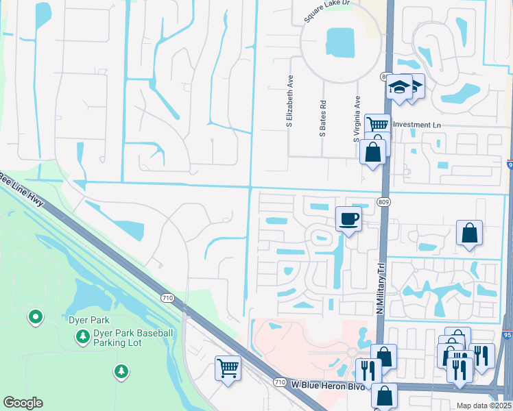 map of restaurants, bars, coffee shops, grocery stores, and more near 3059 Casa Rio Court in Riviera Beach