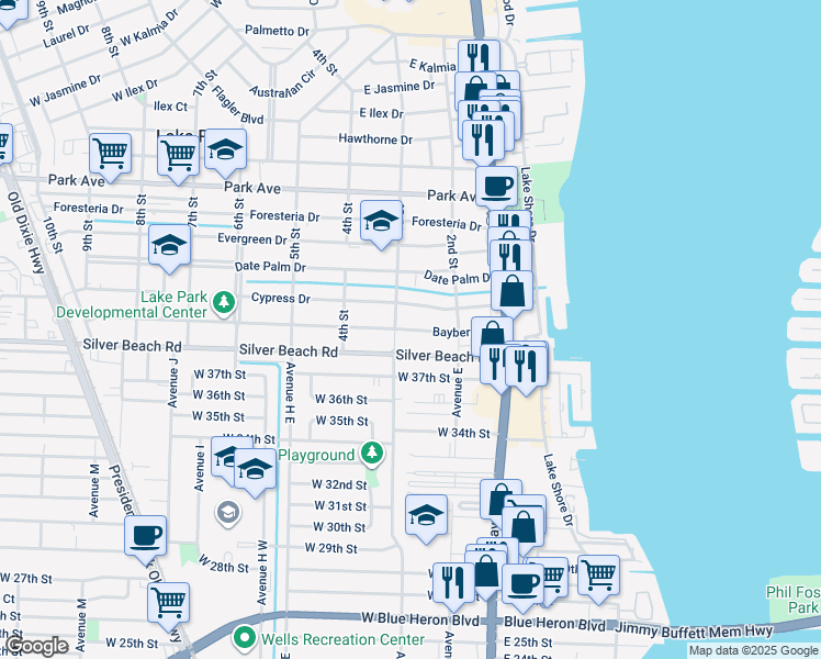 map of restaurants, bars, coffee shops, grocery stores, and more near 259 Silver Beach Road in Lake Park