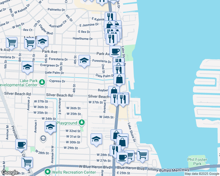 map of restaurants, bars, coffee shops, grocery stores, and more near 133 Cypress Drive in Lake Park