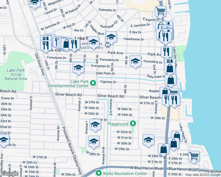 map of restaurants, bars, coffee shops, grocery stores, and more near 454 Cypress Drive in West Palm Beach