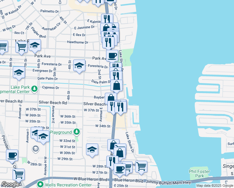 map of restaurants, bars, coffee shops, grocery stores, and more near 302 Lake Shore Drive in West Palm Beach