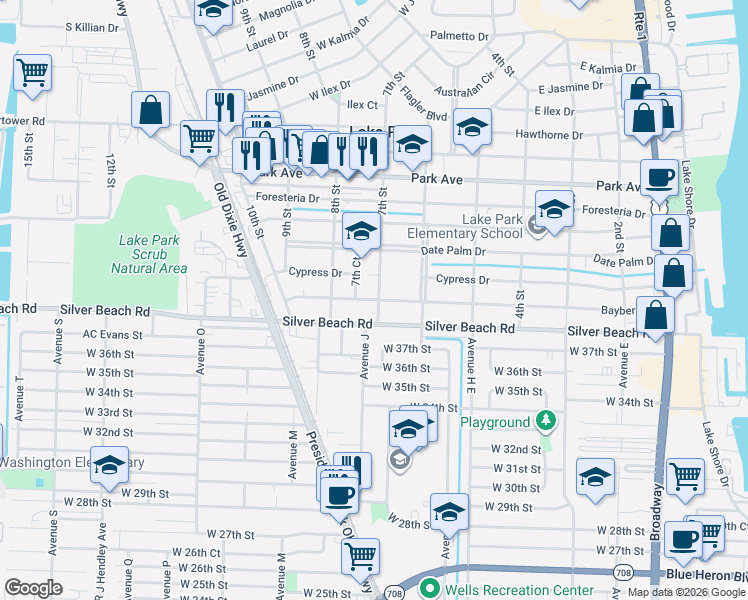 map of restaurants, bars, coffee shops, grocery stores, and more near 218 7th Street in Lake Park