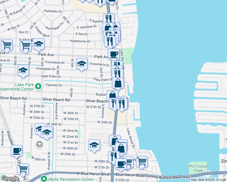 map of restaurants, bars, coffee shops, grocery stores, and more near 133 Cypress Drive in Lake Park