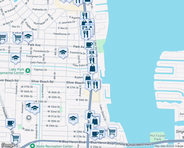 map of restaurants, bars, coffee shops, grocery stores, and more near 302 Lake Shore Drive in West Palm Beach