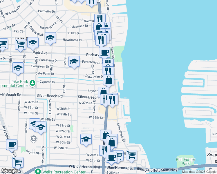 map of restaurants, bars, coffee shops, grocery stores, and more near 302 Lake Shore Drive in West Palm Beach