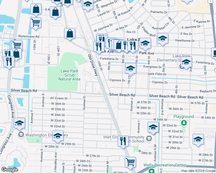 map of restaurants, bars, coffee shops, grocery stores, and more near 226 10th Street in Lake Park